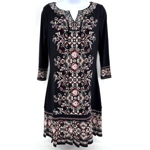 White House Black Market XS 3/4 Sleeve Floral Embellished Shift Dress Black